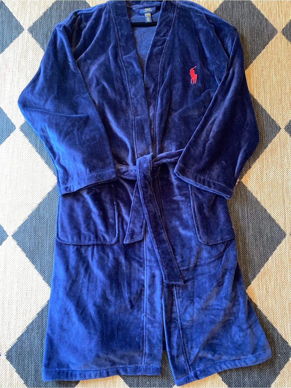 Polo Ralph Lauren Navy Terry Robe w Large Red Polo Pony Embroidery Size Mens S
